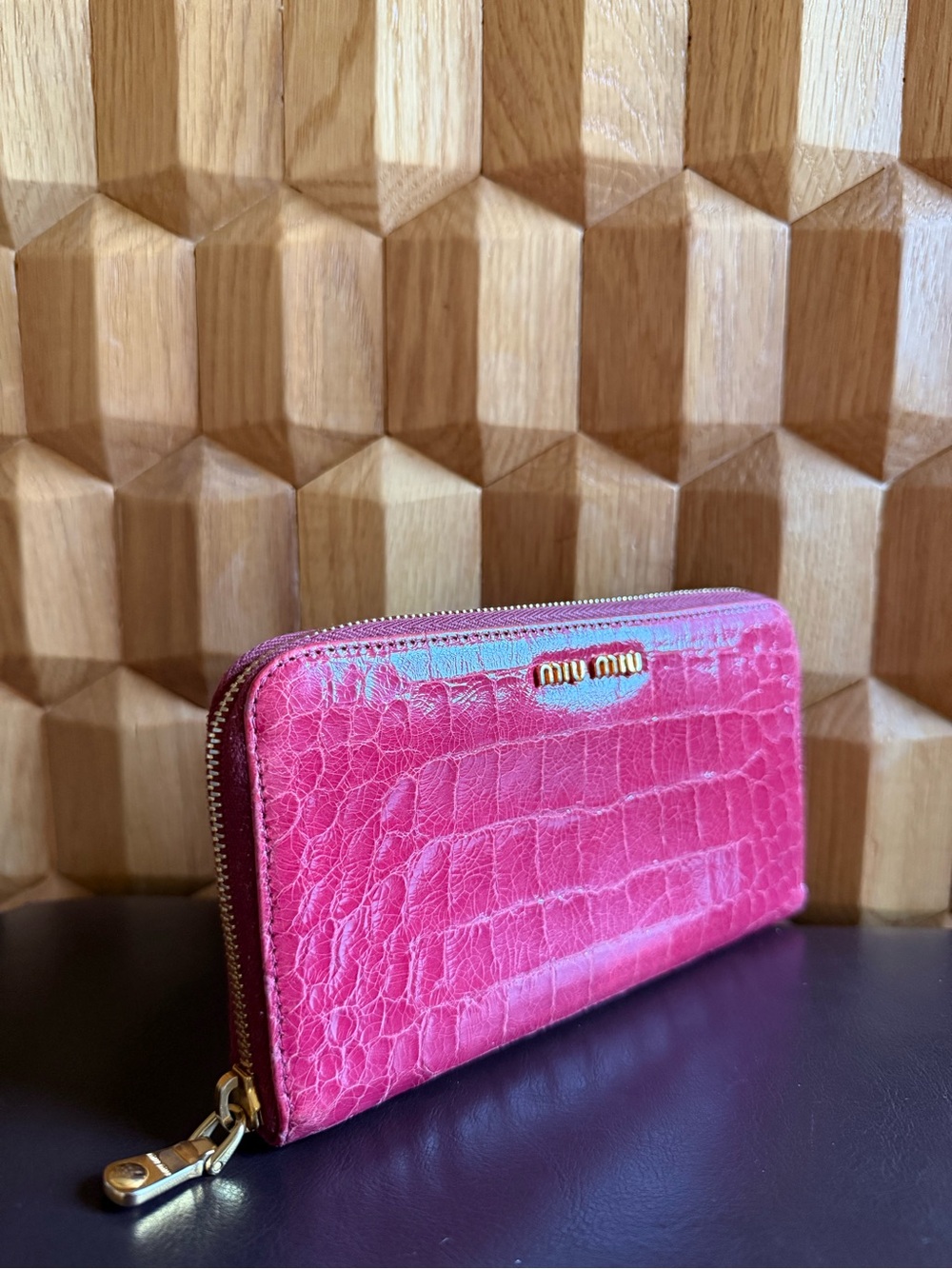 Miu Miu Hot Pink Croc-Embossed Zip Around Wallet